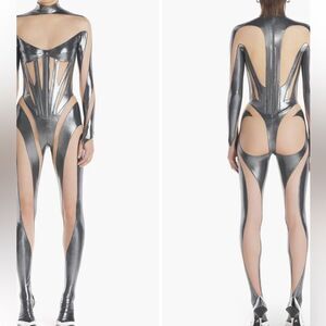 Mugler Iconic Illusion Mesh Catsuit  Jumpsuits Silver & Nude 34/2  NWT $2400